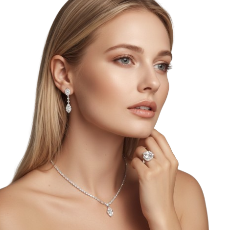 Modelo luciendo conjunto de joyería de lujo en plata con circonitas de Kataleya Gold